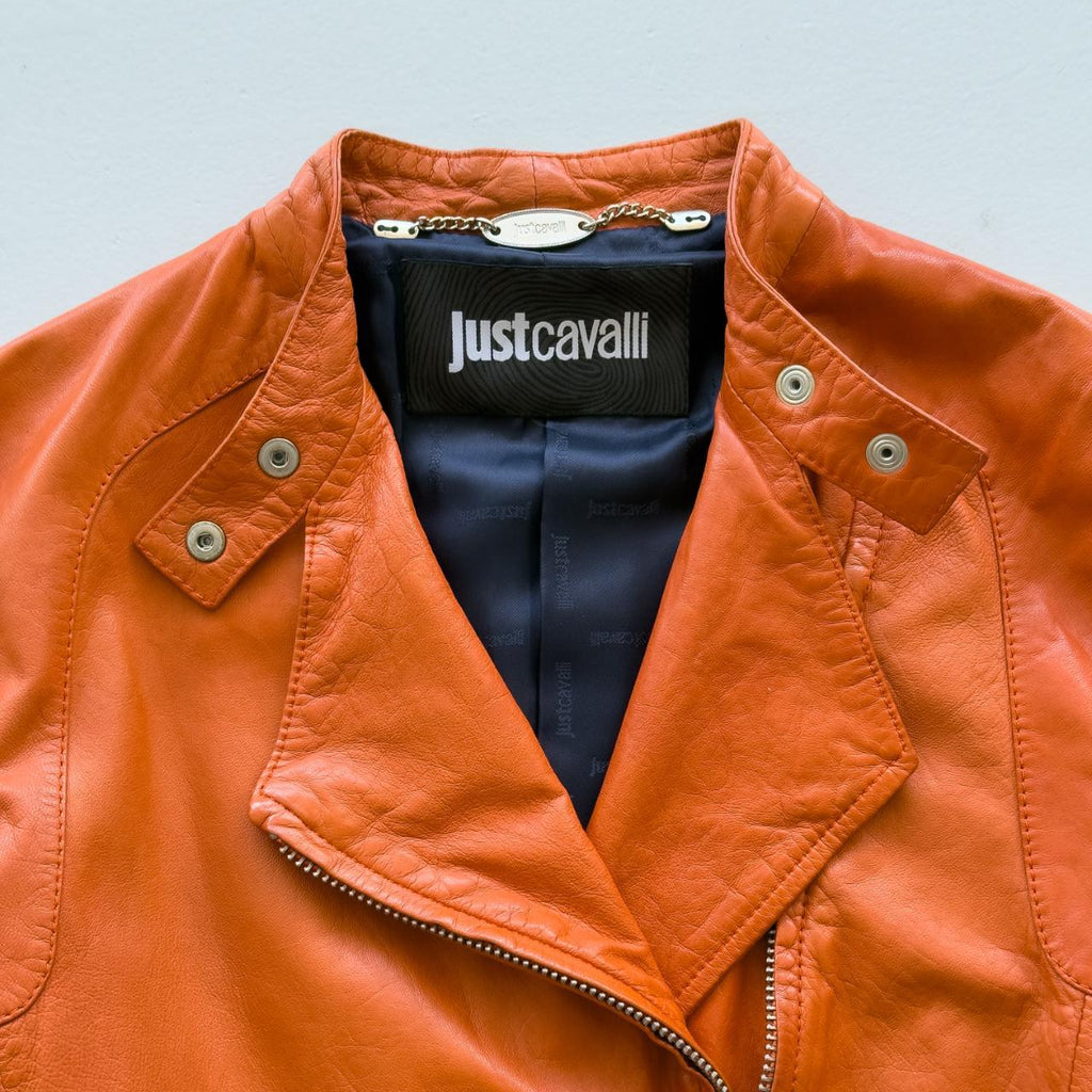 Orange Just Cavalli 00's Y2K Cropped Leather Jacket - XS