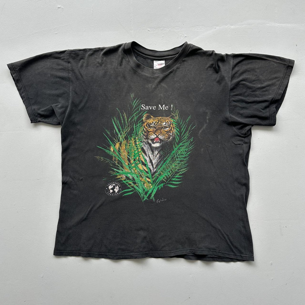 Black Faded Tiger Save me 90s Vintage T-shirt - Boxy XL