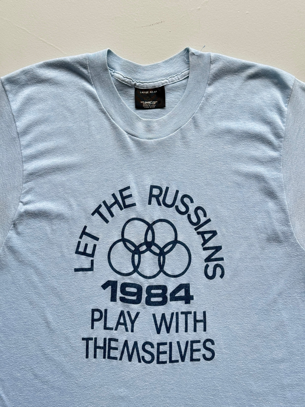 Light Blue Let The Russians 1984 Olympics 80's Vintage Cropped T-Shirt - Small