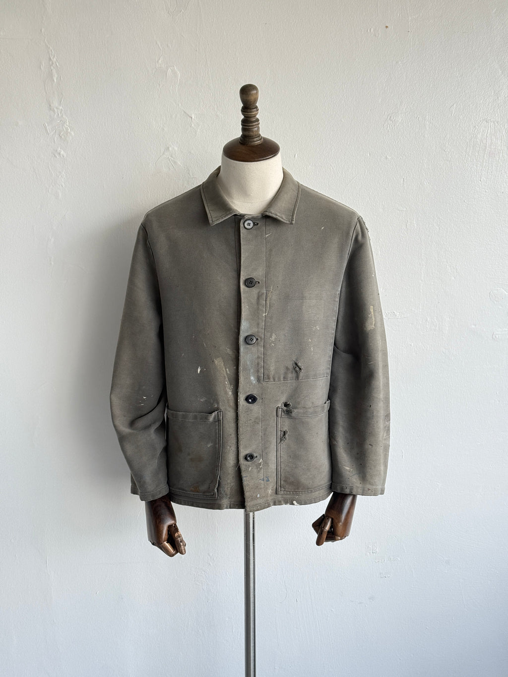 Thrashed Grey French Moleskin 1960s/70s Vintage Chore Jacket CH538 - Small