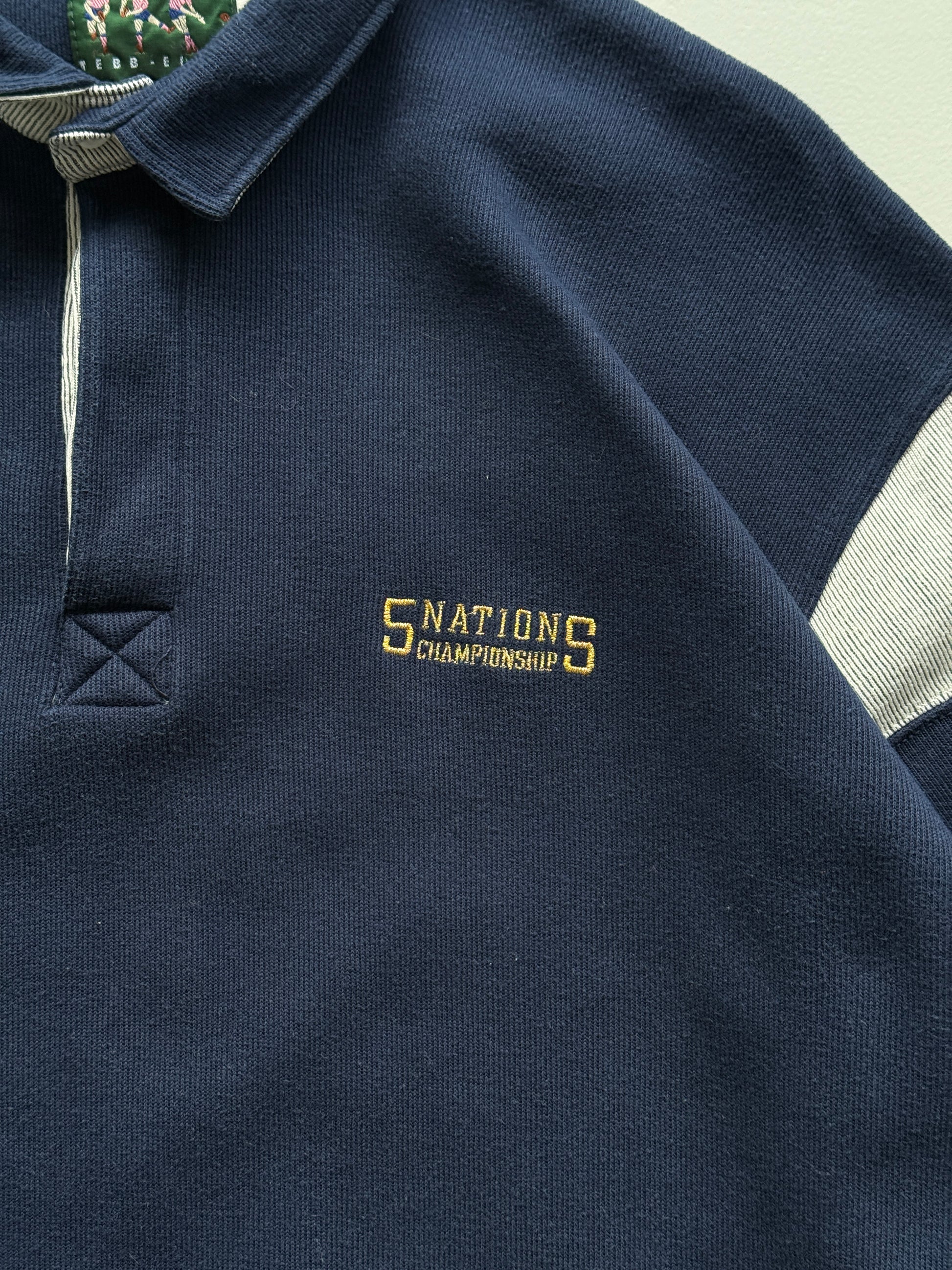 Navy Blue Five Nations 90's Vintage Long Sleeve Rugby Polo Jersey - XL