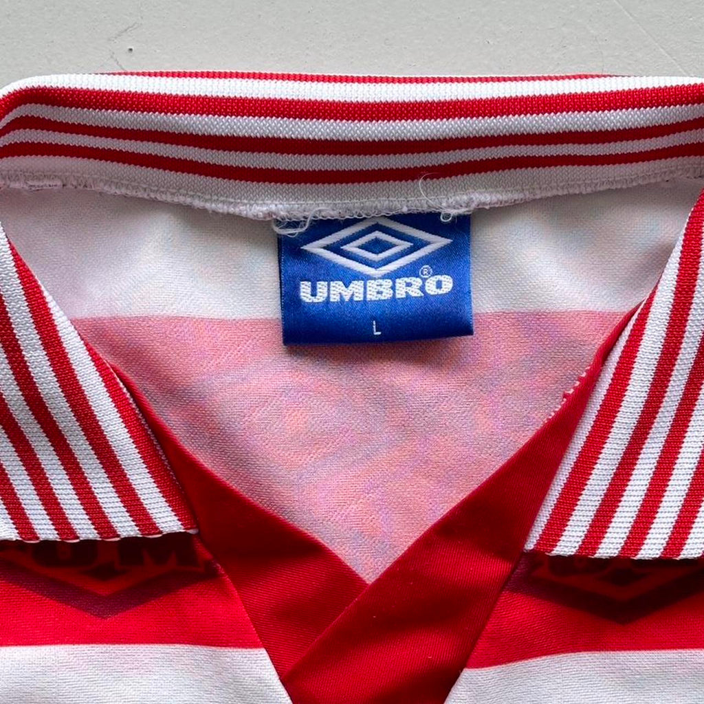 Red Striped 90's Umbro Football Long Sleeved Vintage Shirt - Large