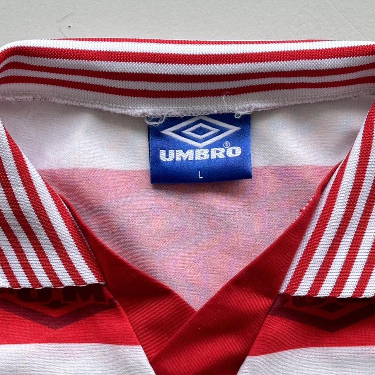 Red Striped 90's Umbro Football Long Sleeved Vintage Shirt - Large