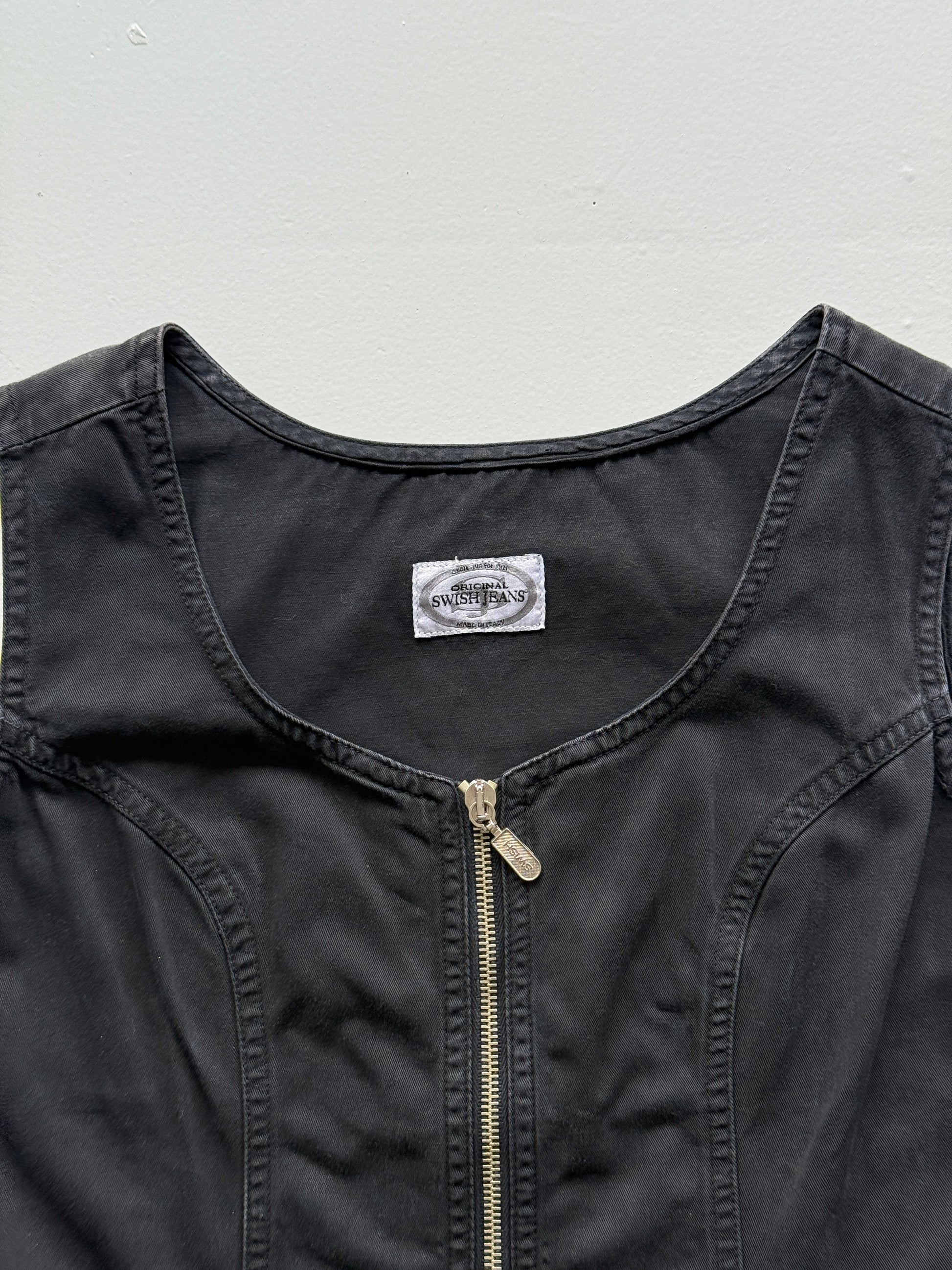 Black Swish Jeans 00's Vintage Y2K Pinafore Mini Dress - Size 8