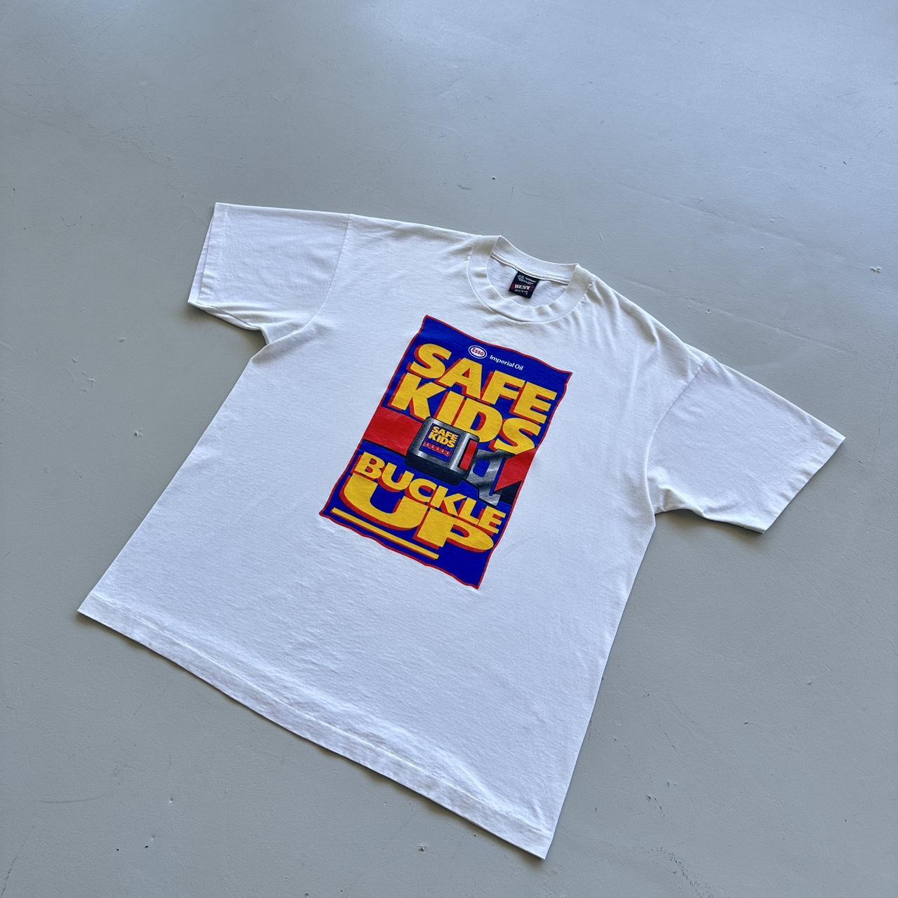 White Esso Safe Kids Buckle Up 90s Vintage T-shirt - XL