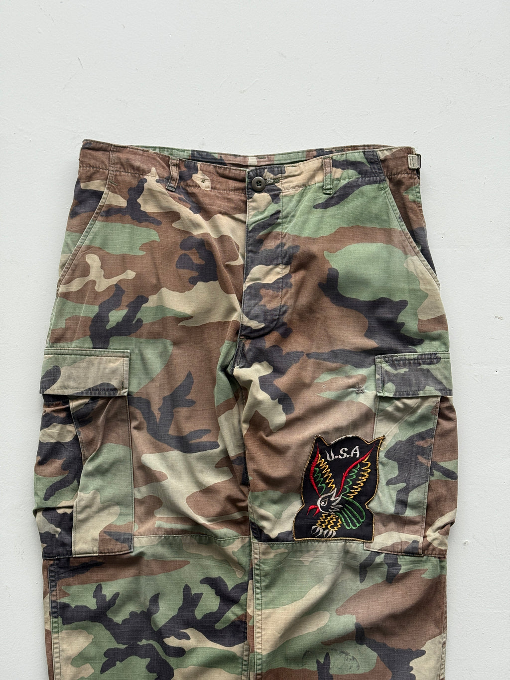 Green Camo Ripstop 80's Vintage Military Cargo Trousers - W34 x L31