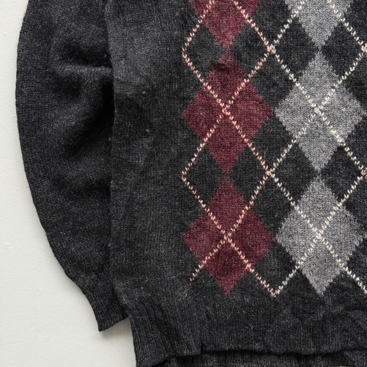Grey Argyle Knitted 80s Vintage Knit Crew Neck Jumper - XL
