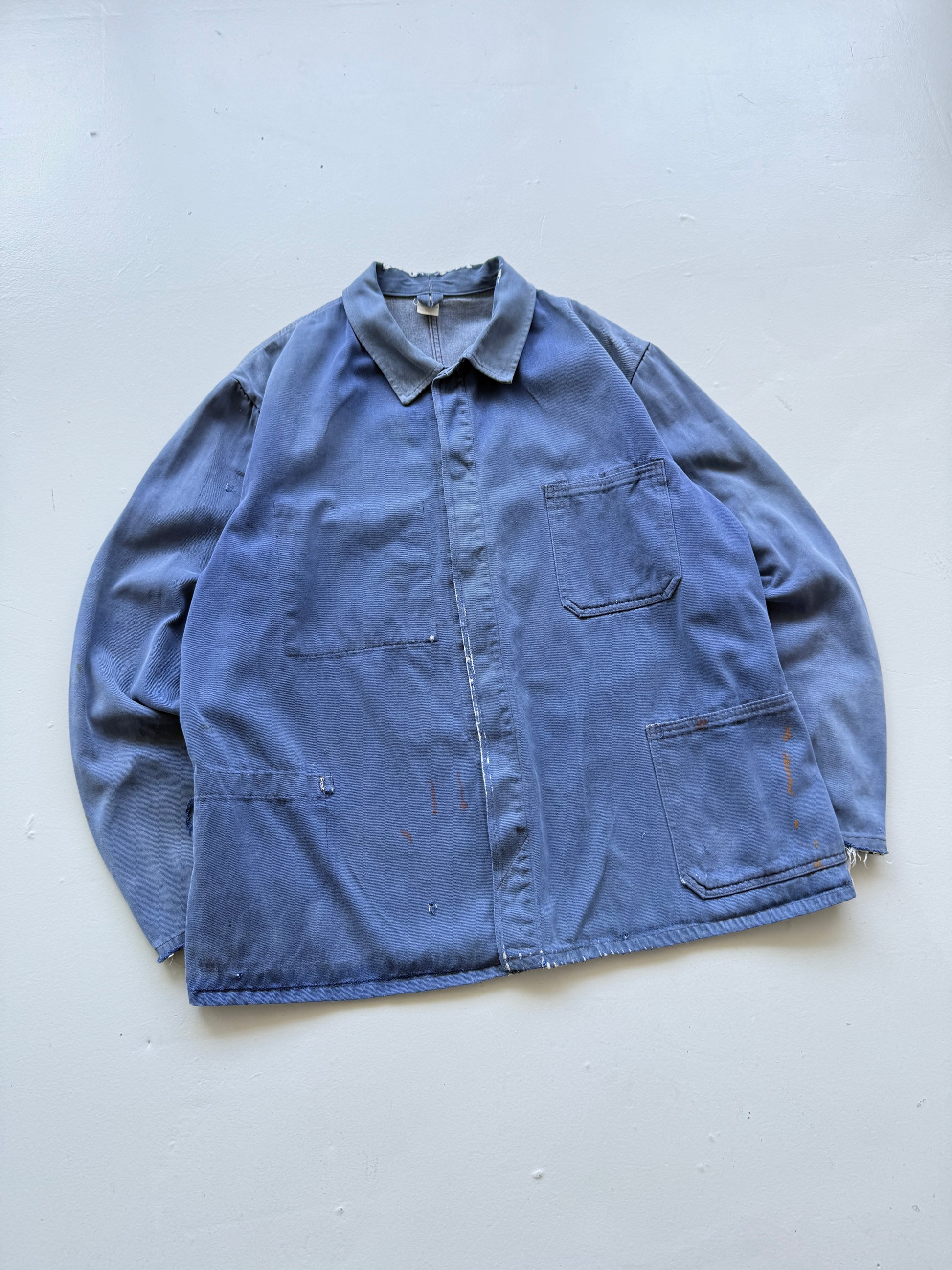 Thrashed Blue French Chore Jacket 80's Vintage Workwear CH323 - Large