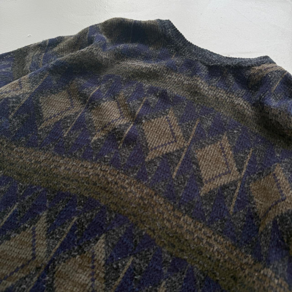 Navy Blue Patterned 90's Vintage Woollen Knit Jumper - XL