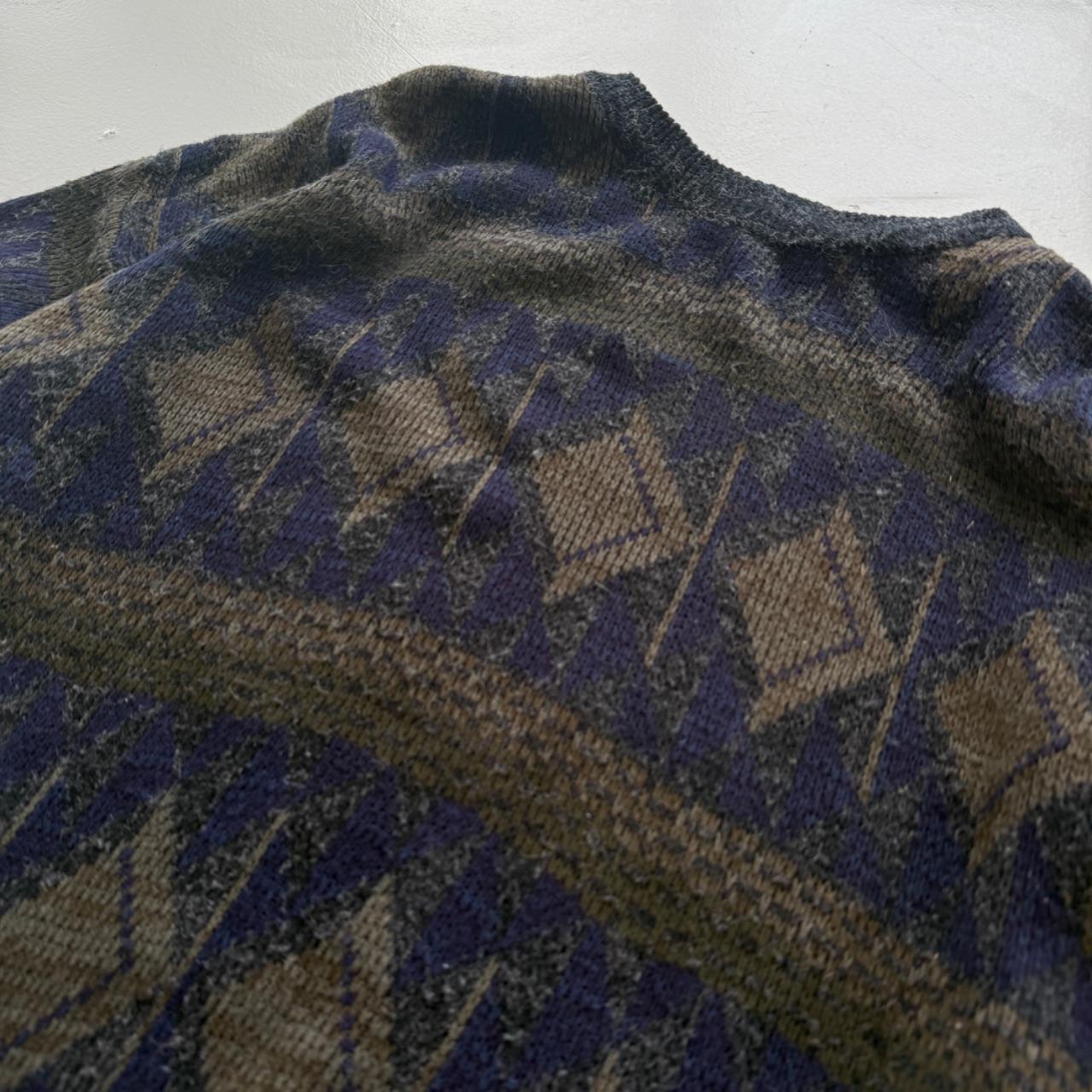 Navy Blue Patterned 90's Vintage Woollen Knit Jumper - XL