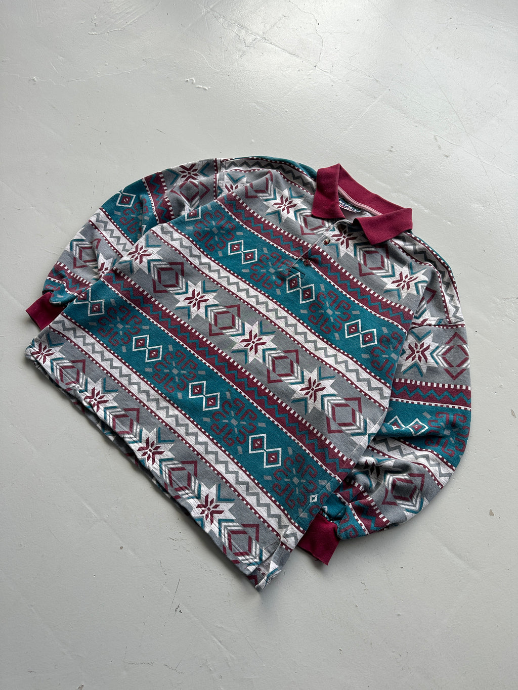 Patterned 90's Quarter Button-Up Vintage Polo Sweatshirt - Small