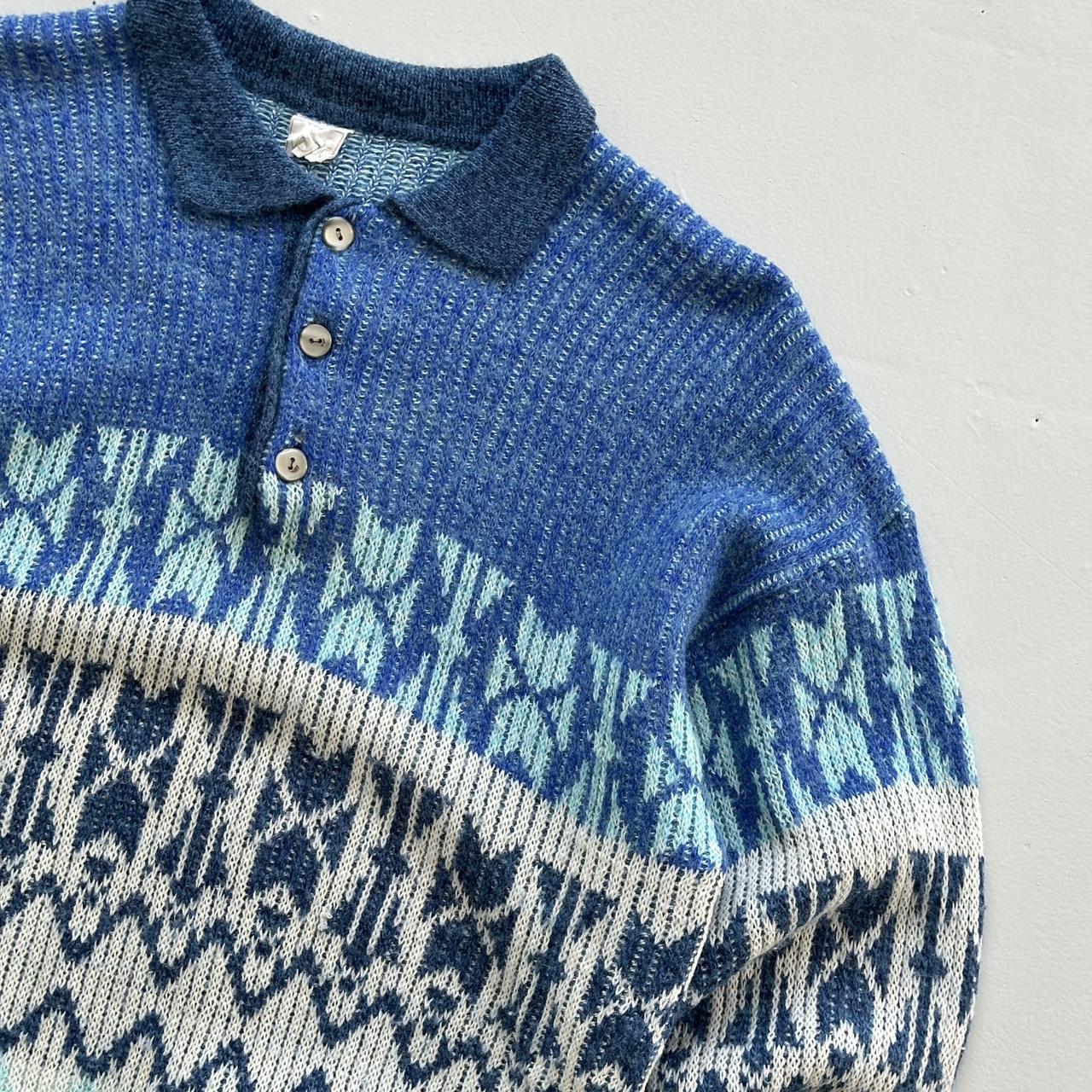 Blue 3D Knit Quarter Collar 90s Knitted Sweatshirt - Large