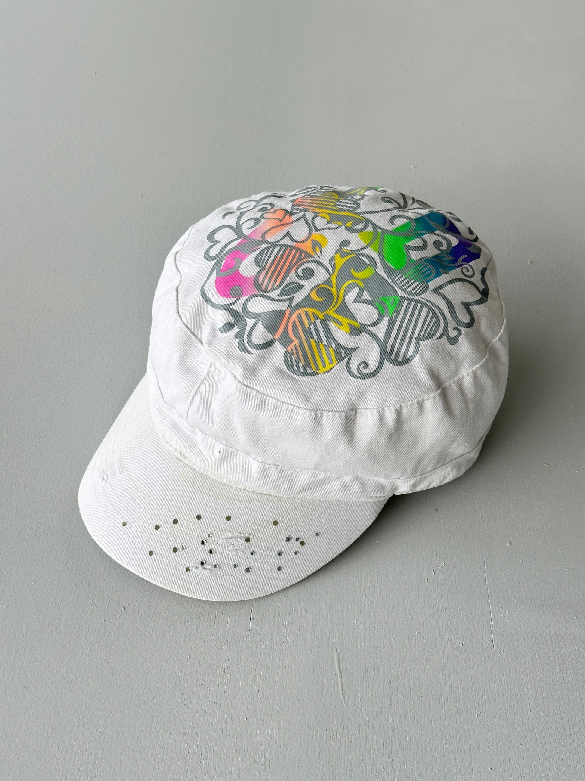 White LOVE Studded Y2K Cadet Cap Military Style 00's Grunge Aesthetic