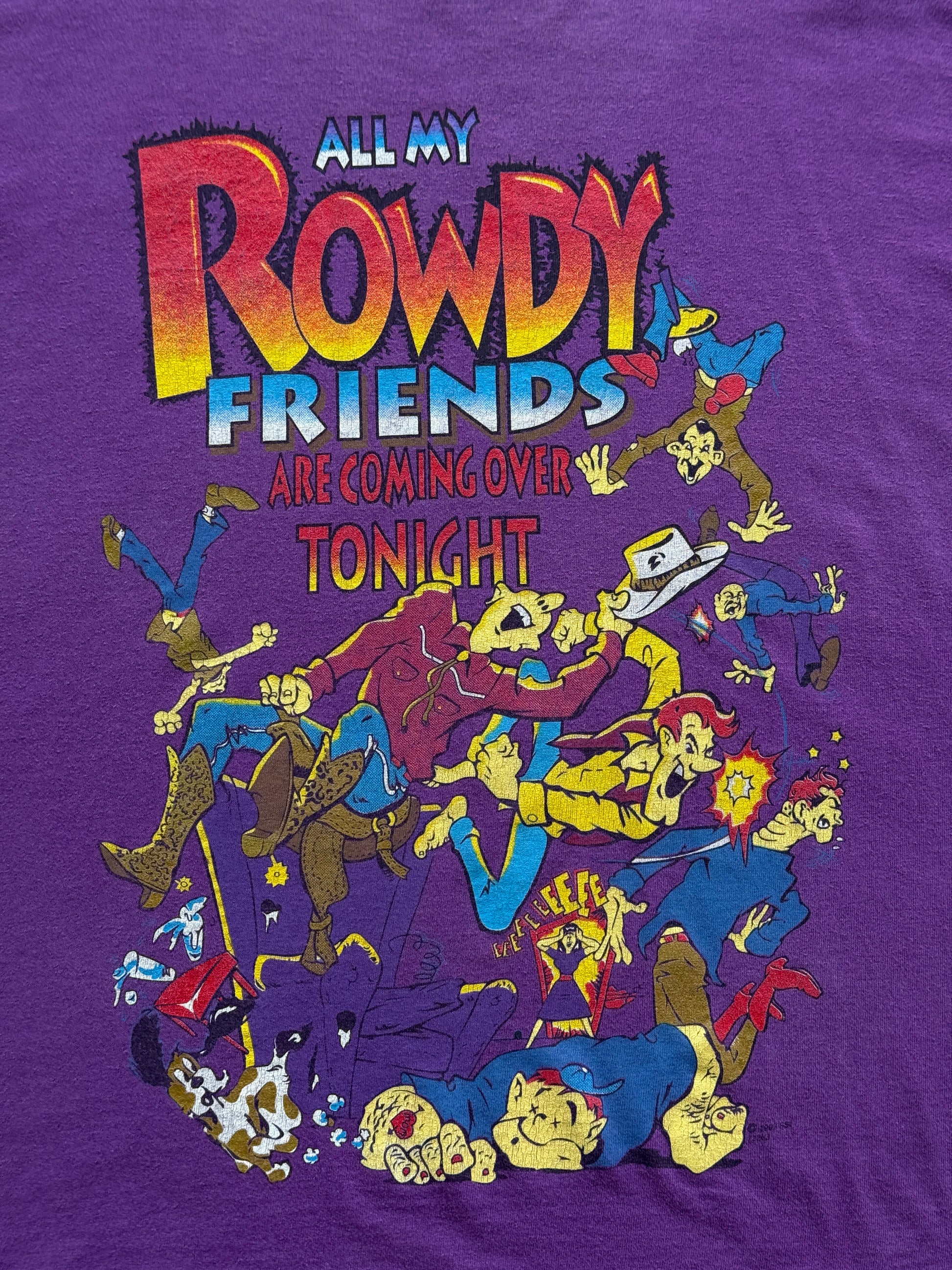 Purple Rowdy Friends 90's Vintage Single Stitch Slogan Graphic T-Shirt - Large
