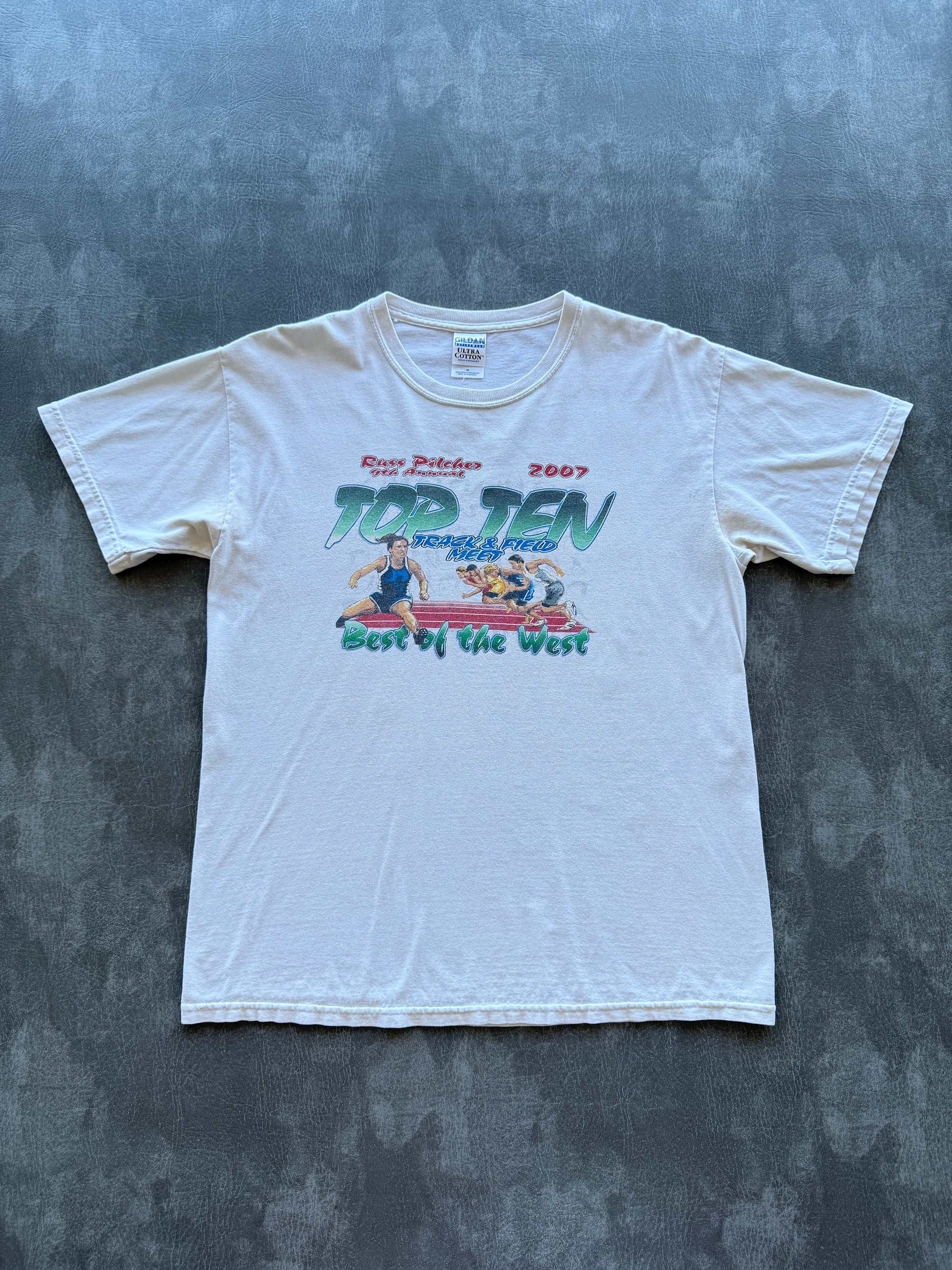 White Top Ten Track & Field Meet 2007 Vintage Graphic T-Shirt - Medium