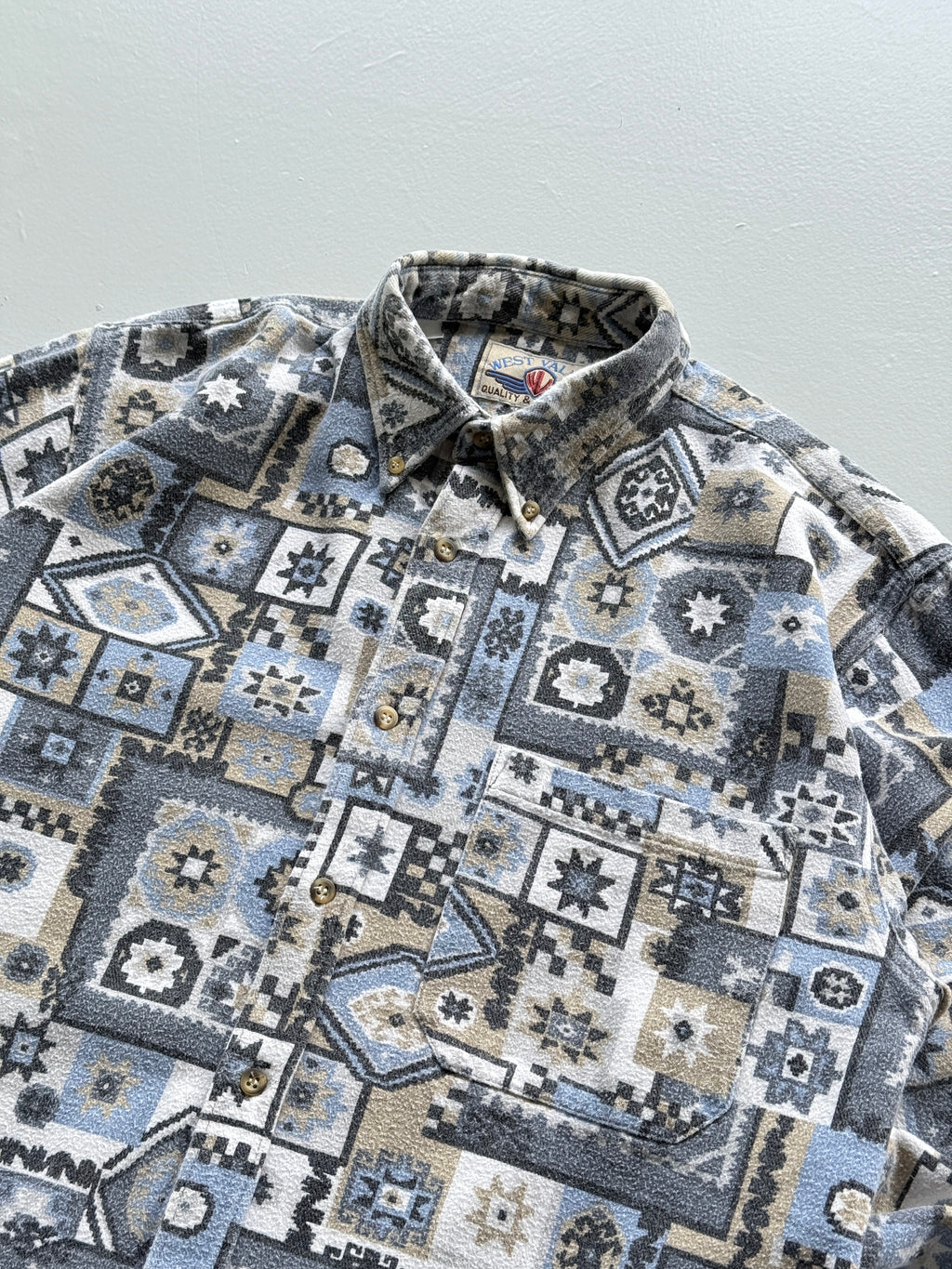 Blue Western Pattern West Valley 90's Vintage Long Sleeve Shirt - Small