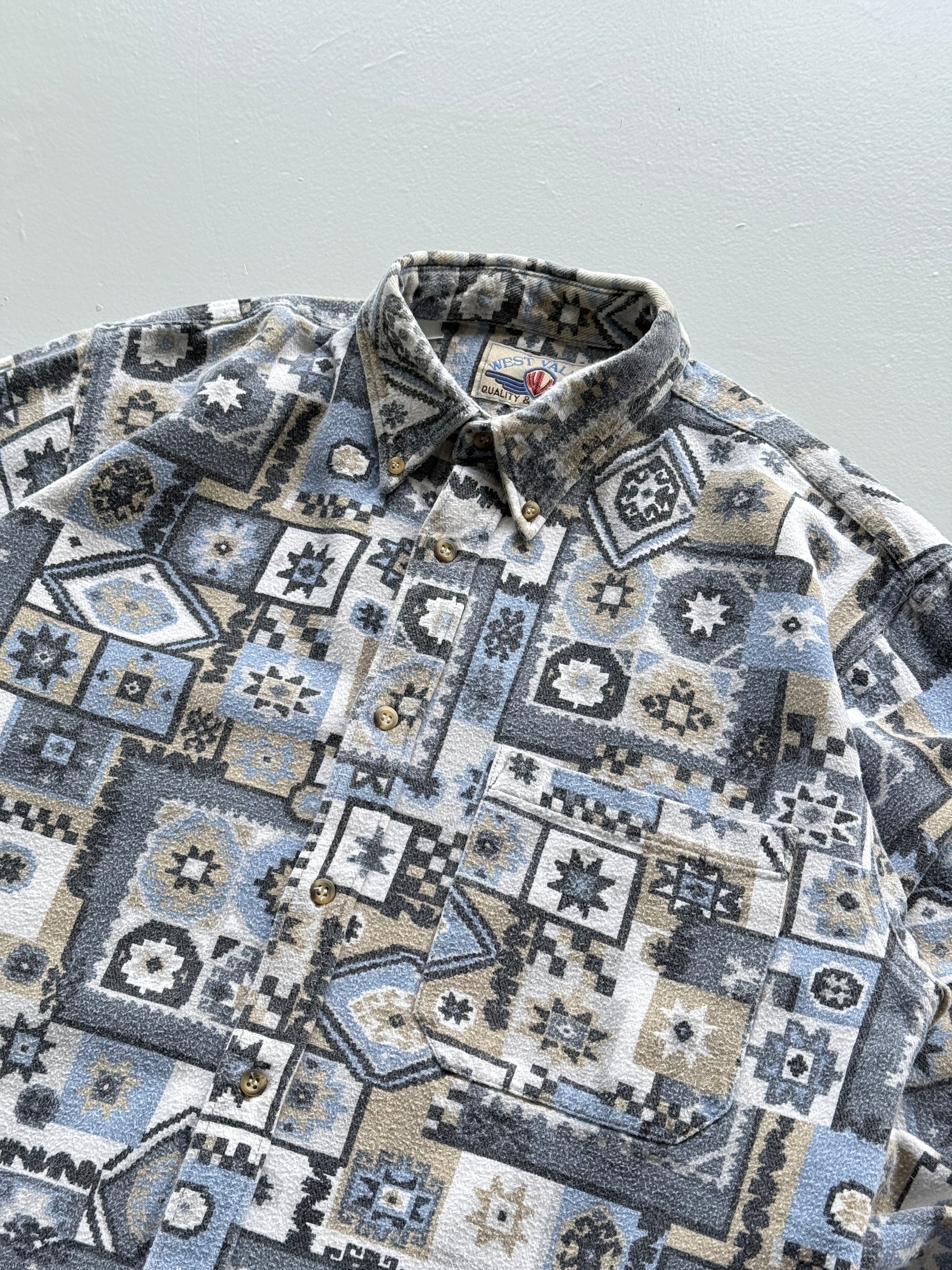 Blue Western Pattern West Valley 90's Vintage Long Sleeve Shirt - Small