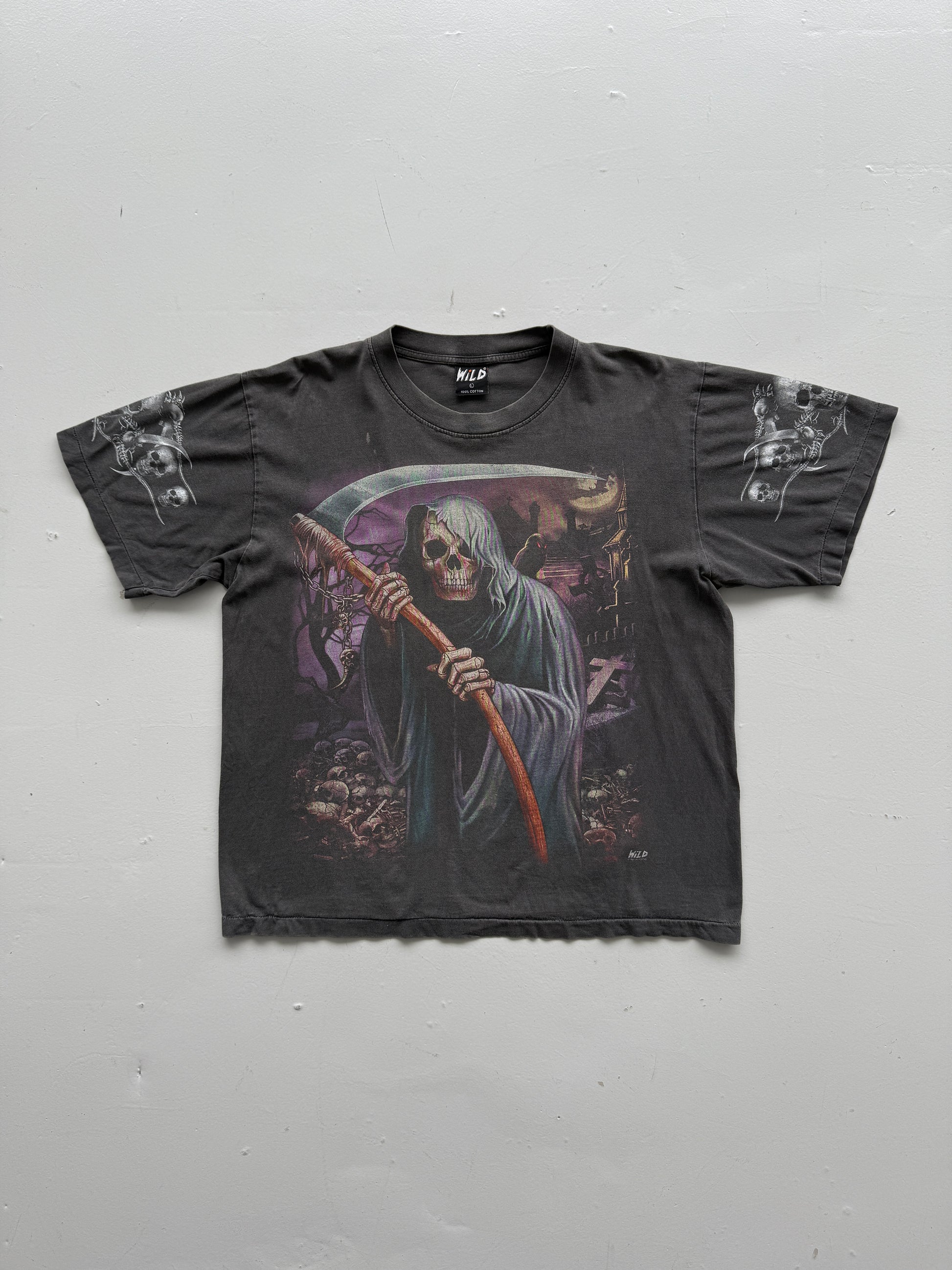 Grey Sun Faded Grim Reaper 90's Vintage Gothic Single Stitch T-Shirt- Boxy Large