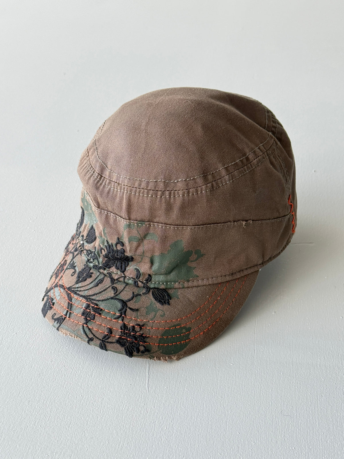 Brown Floral Embroidered Y2K Cadet Cap Military Style 00's Grunge Aesthetic