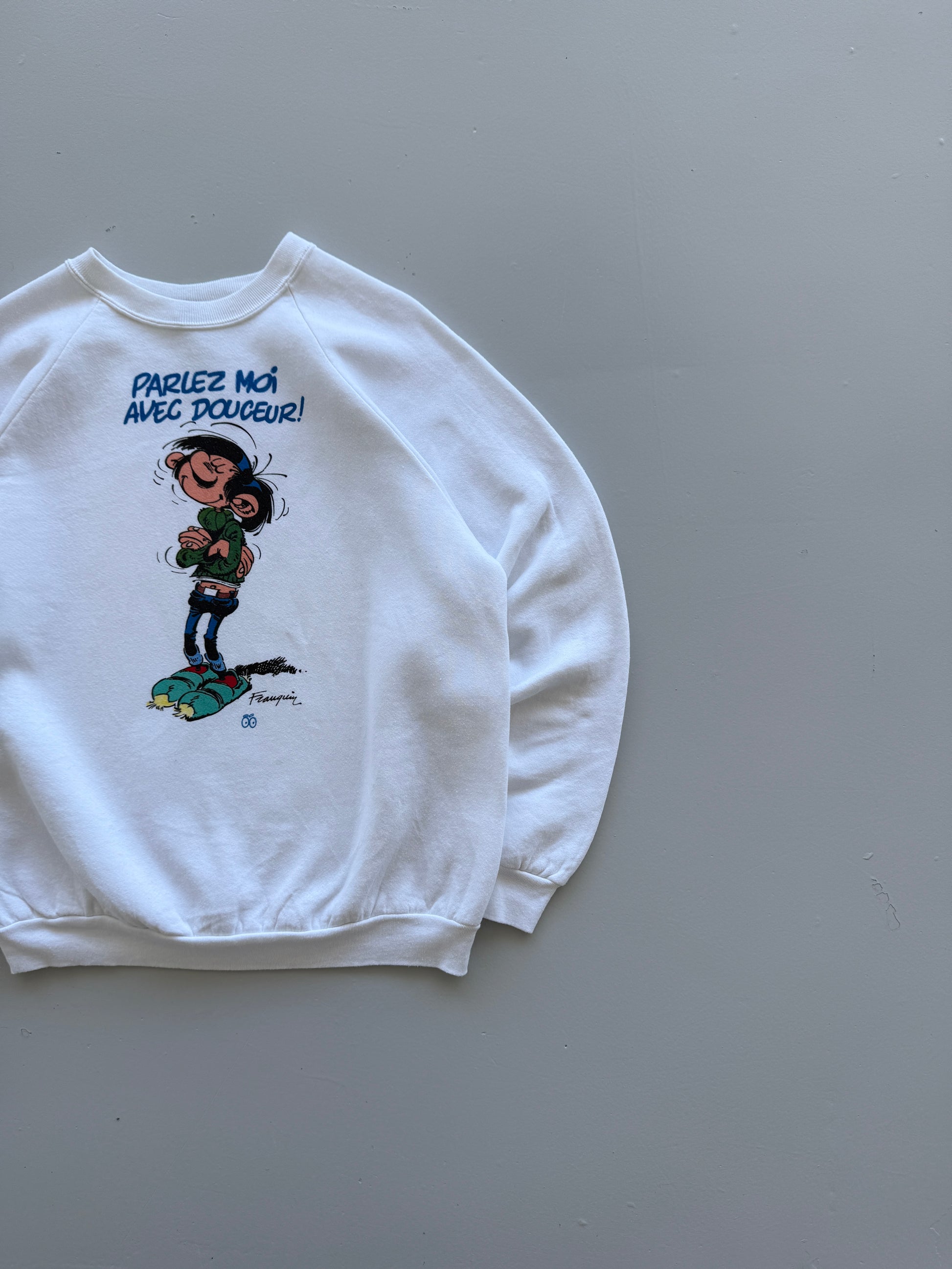 White Gaston Lagaffe 90's Vintage French Cartoon Sweatshirt - XL