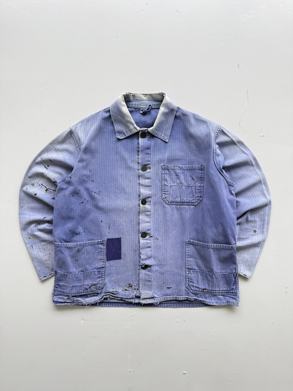 Thrashed Blue Herringbone 60's French Vintage Workwear Chore Jacket CH382 - Smal