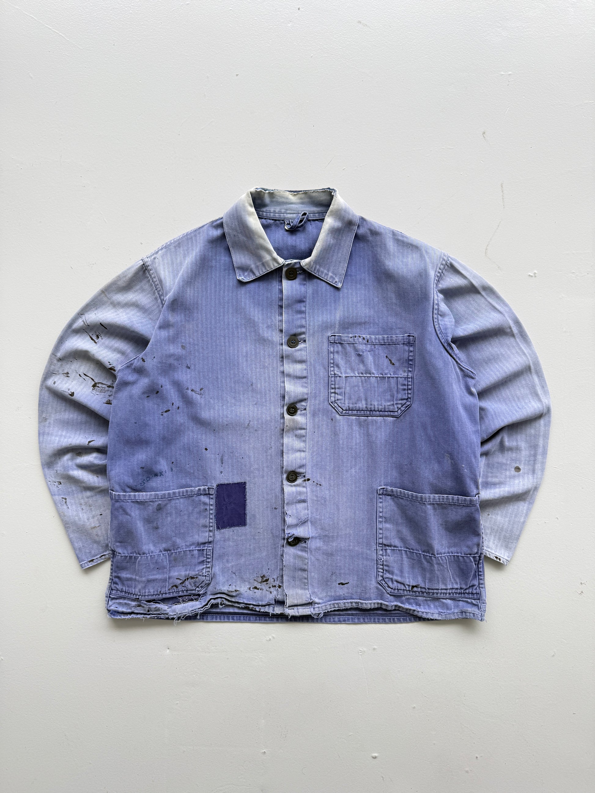 Thrashed Blue Herringbone 60's French Vintage Workwear Chore Jacket CH382 - Smal