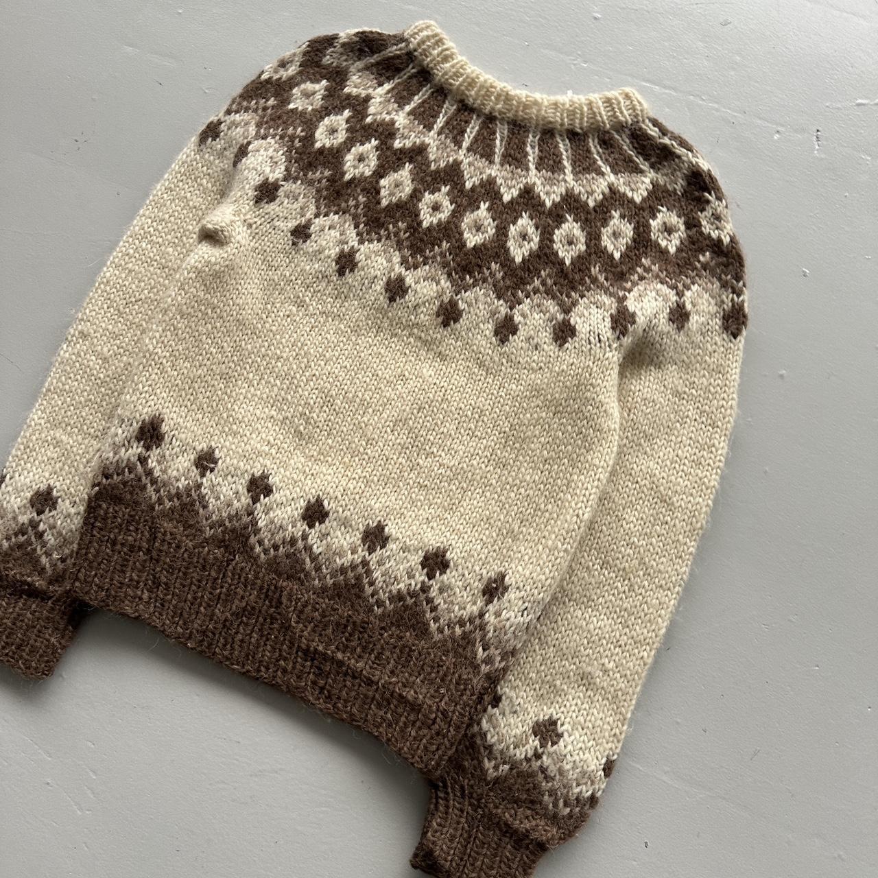 Cream Brown Patterned Hand Knit Vintage Woollen Jumper - Large 10/12