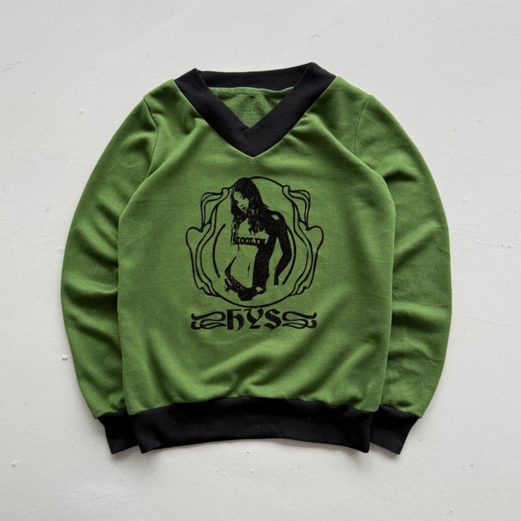 Green 90s V-Neck Vintage Graphic Sweatershirt - Medium
