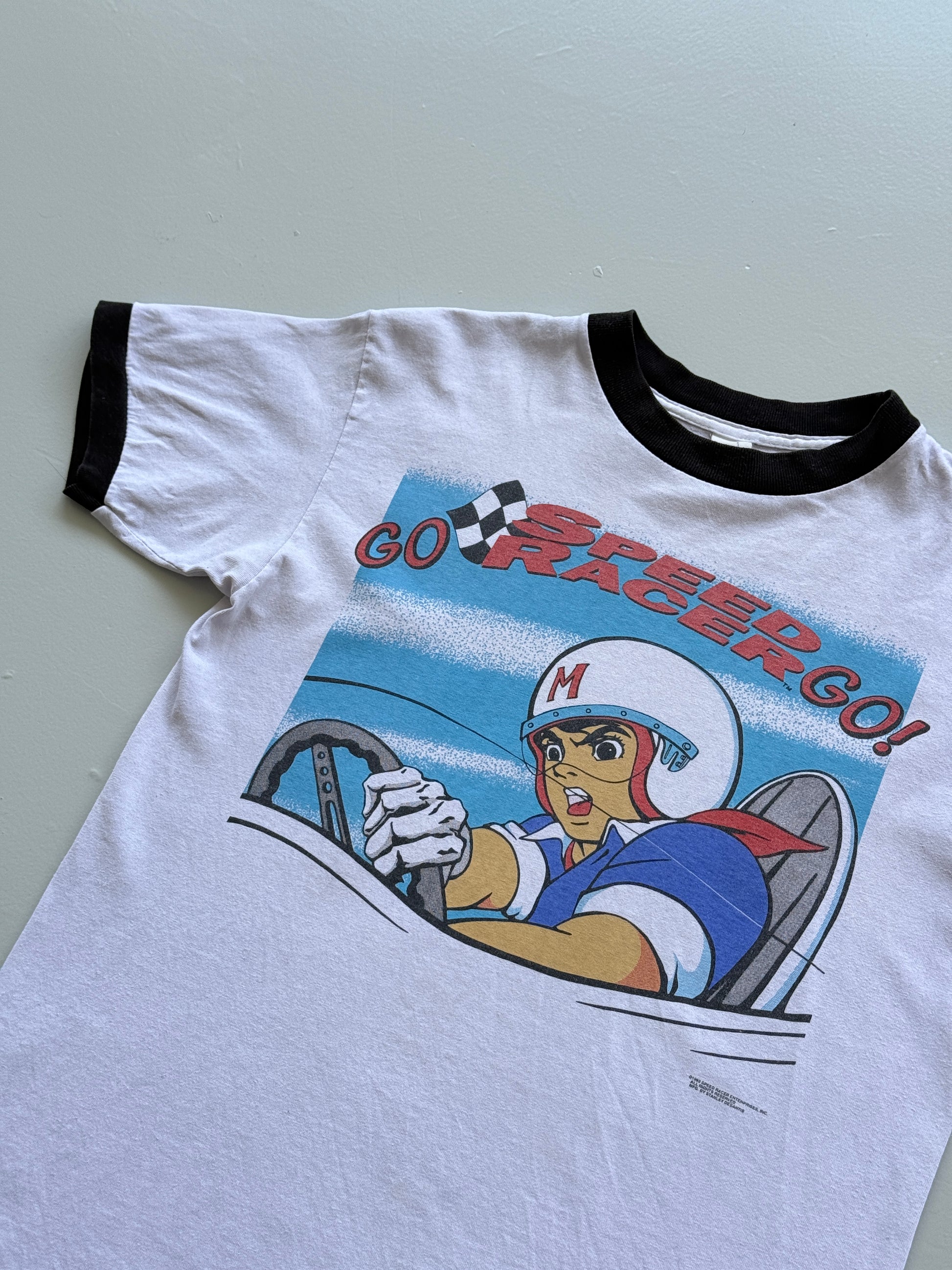 White Speed Racer 90's Vintage Anime Graphic Ringer T-Shirt - Medium