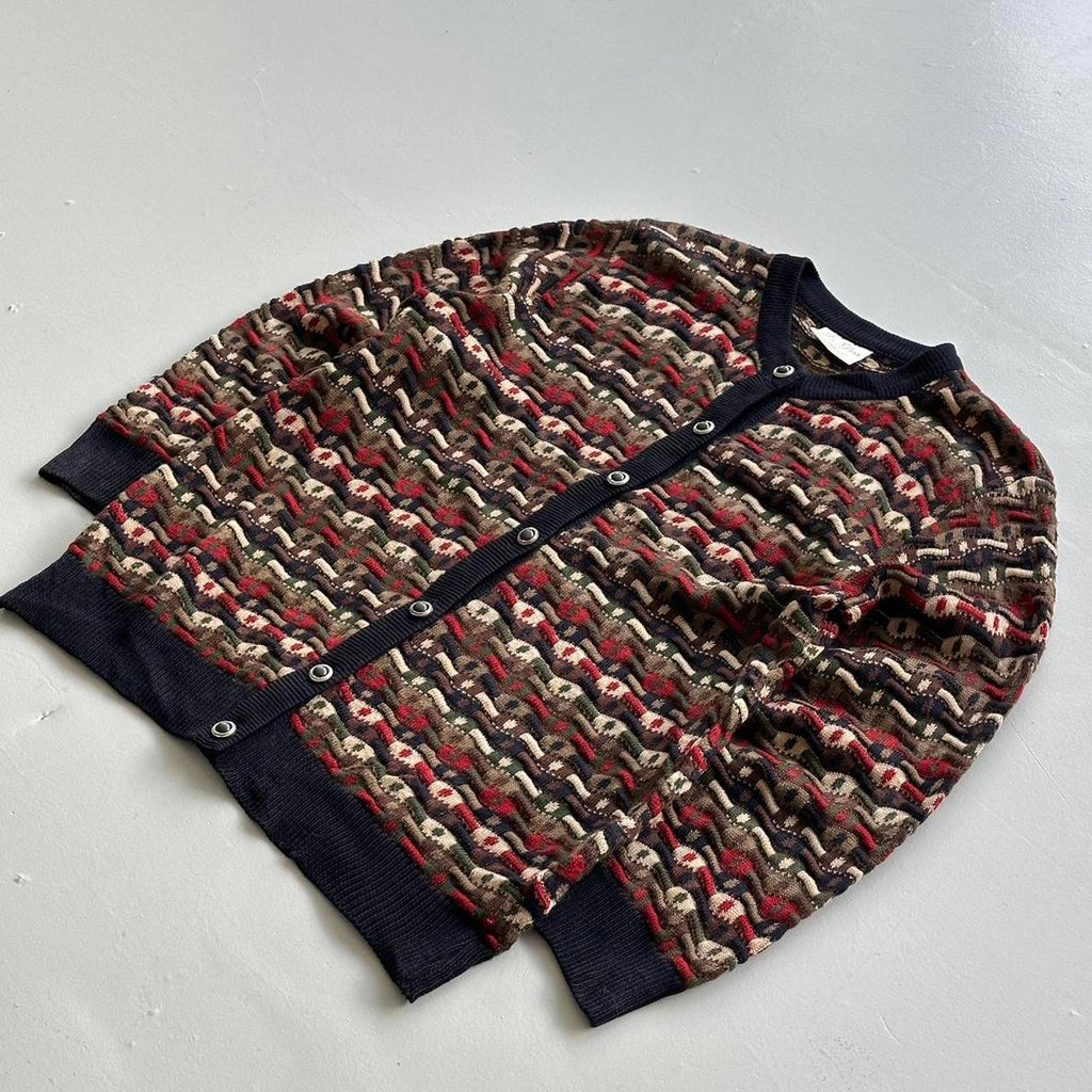 Multicoloured 90s Vintage Australian Woollen Pattern 3D Knit Wool Sweatshirt Cardigan- Medium