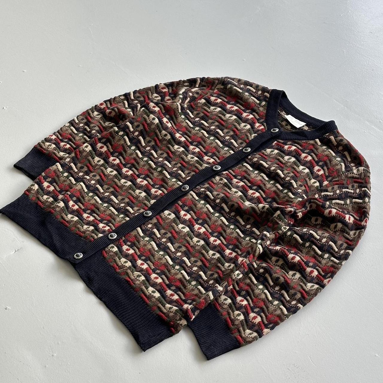Multicoloured 90s Vintage Australian Woollen Pattern 3D Knit Wool Sweatshirt Cardigan- Medium
