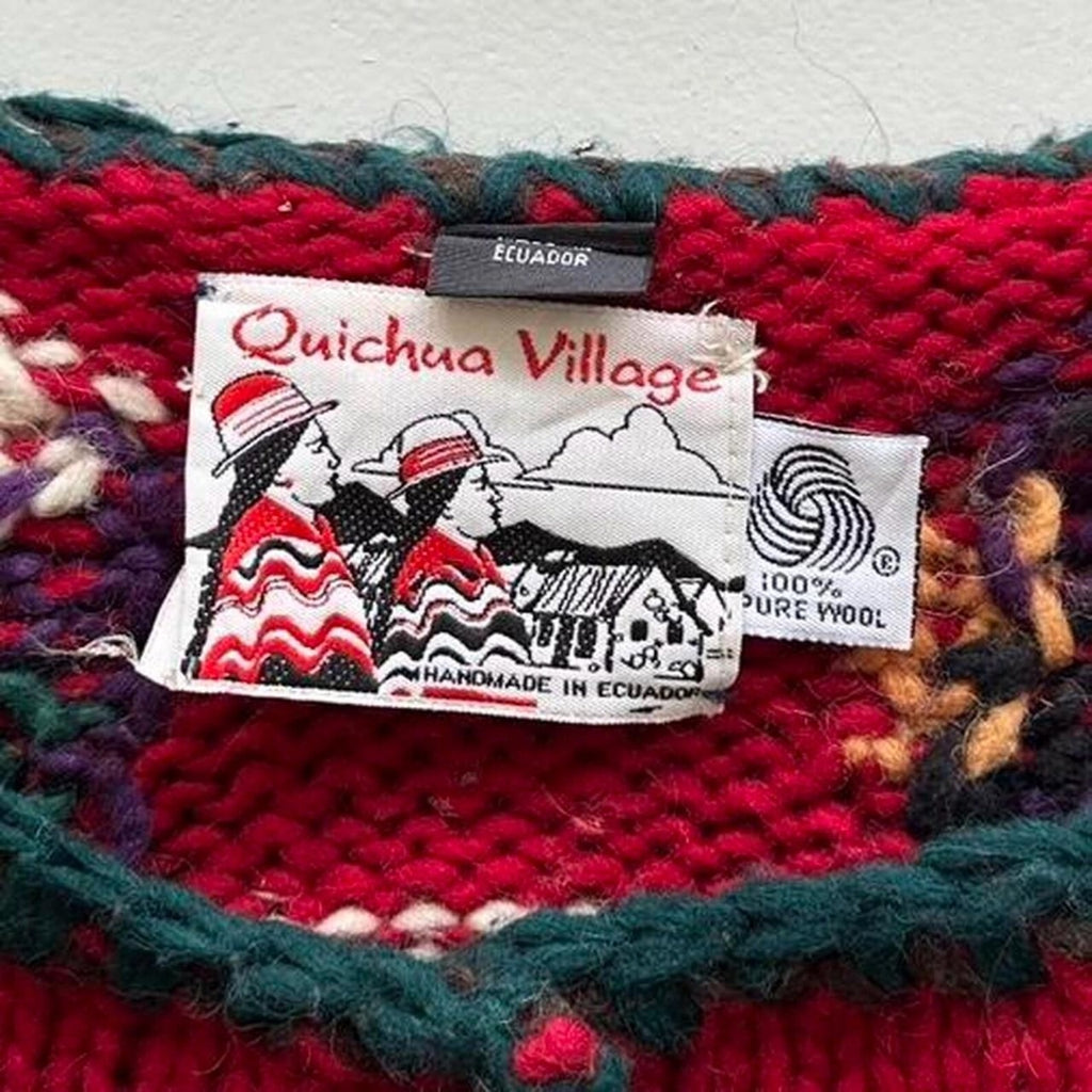 Multicoloured 80s Vintage Quichua Village Woollen Ecuadorian Cardigan - Large