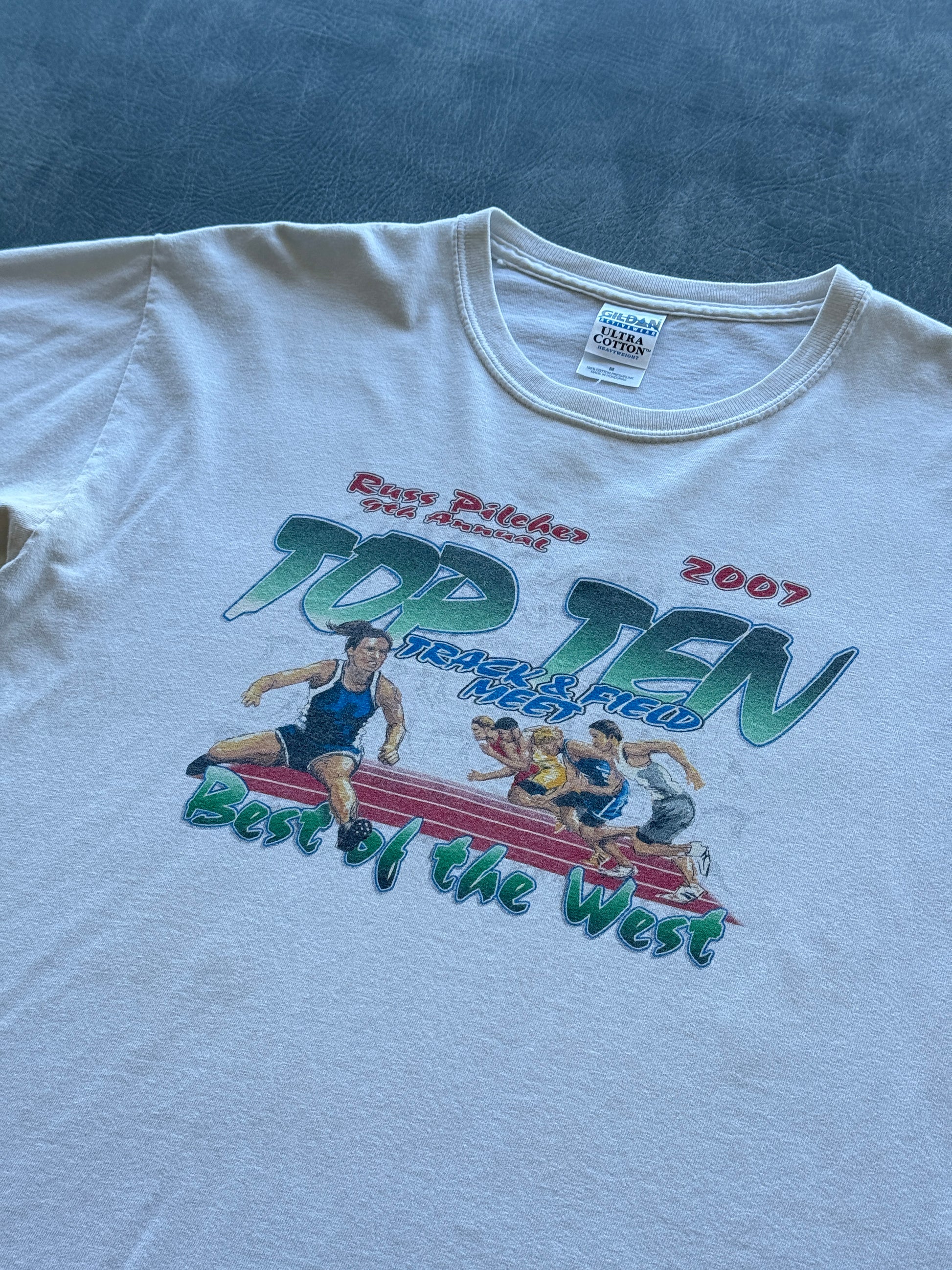 White Top Ten Track & Field Meet 2007 Vintage Graphic T-Shirt - Medium