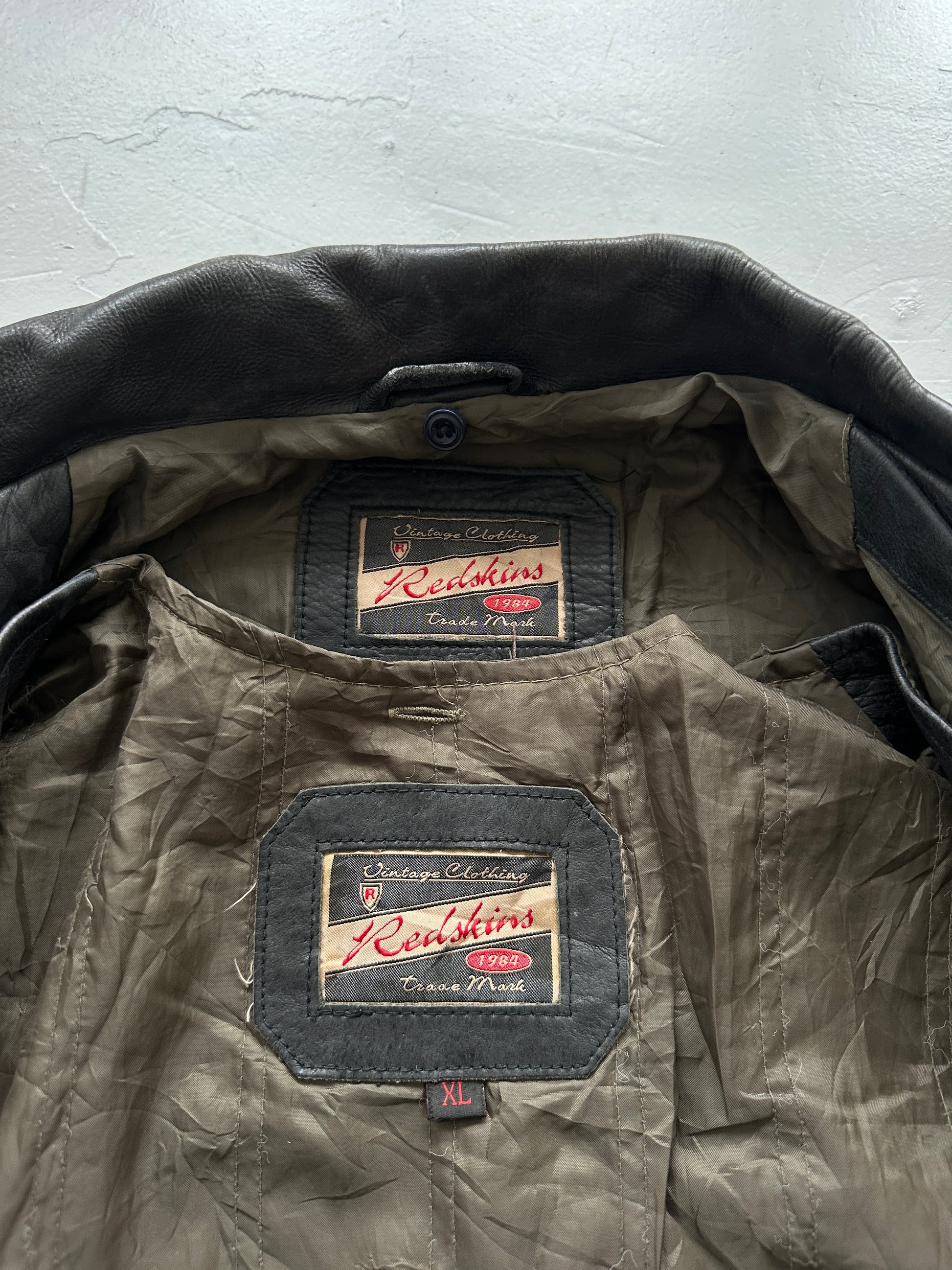 Black Vintage Redskins Leather Jacket 80's 1984 Box Jacket- XL