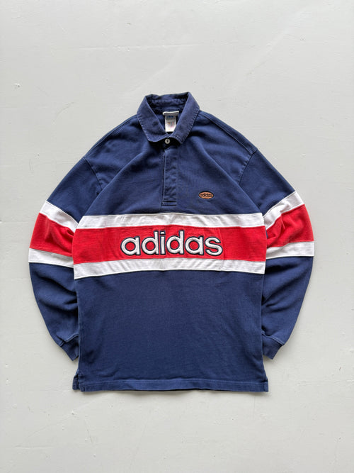 Faded Blue Adidas 90's Vintage Long Sleeve Rugby Jersey Polo - Large
