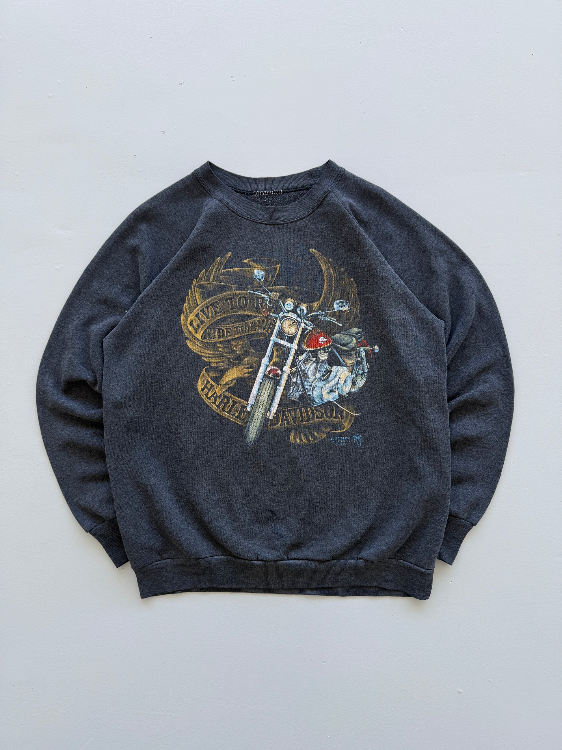 Black Harley Davidson 80's Vintage 3D Emblem Graphic Biker Sweatshirt - Small