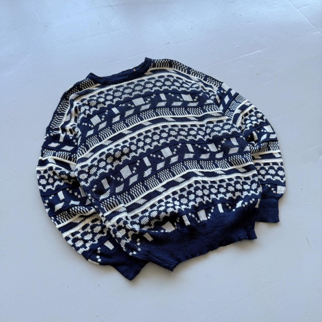 Blue Patterned Knitted 90s Acrylic Knit Jumper - Large
