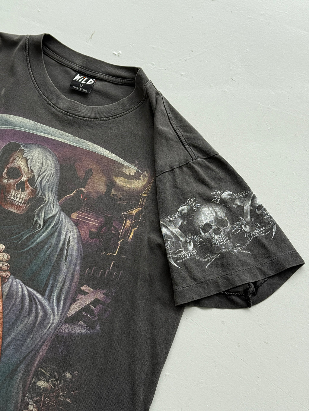 Grey Sun Faded Grim Reaper 90's Vintage Gothic Single Stitch T-Shirt- Boxy Large