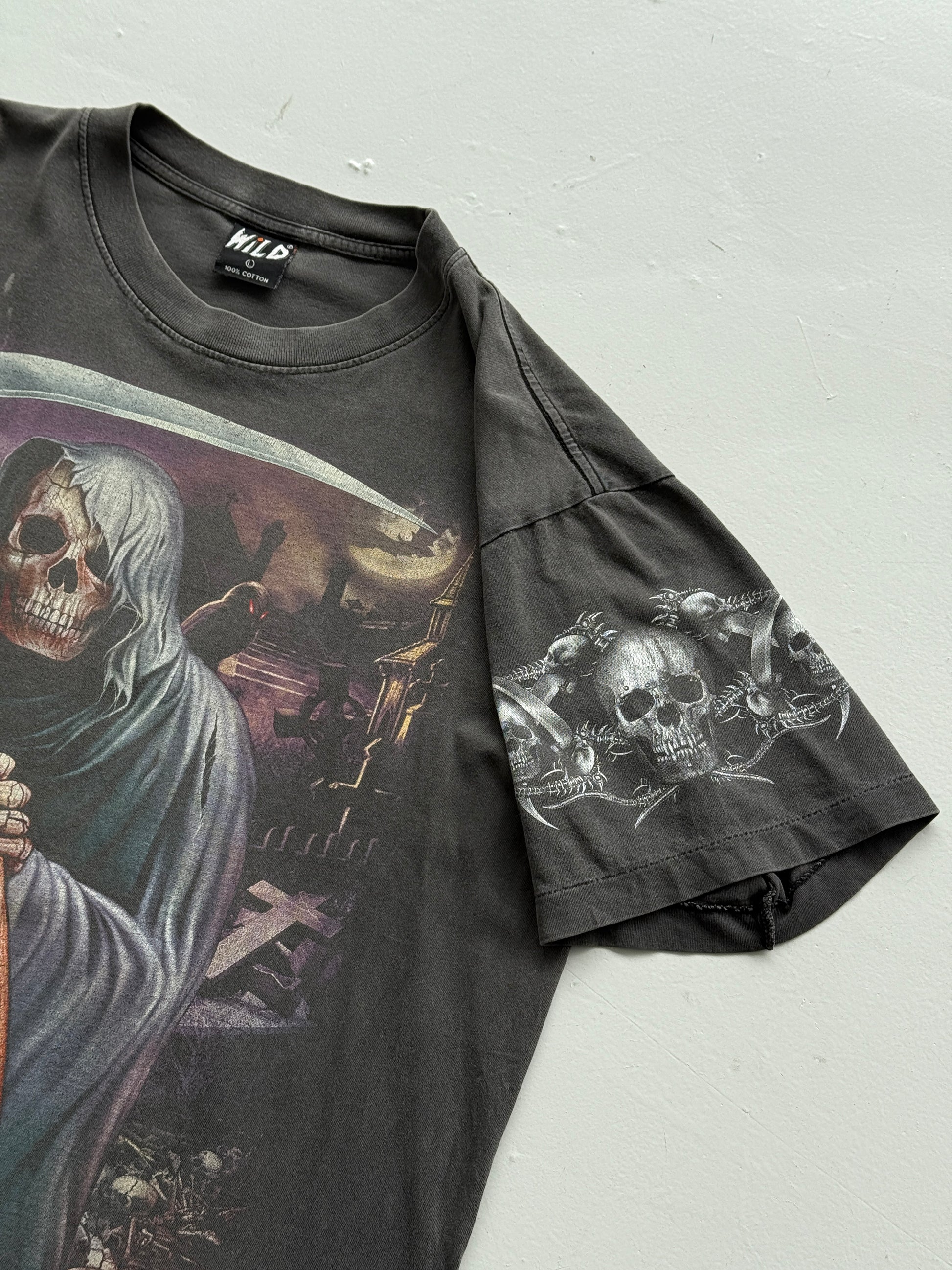 Grey Sun Faded Grim Reaper 90's Vintage Gothic Single Stitch T-Shirt- Boxy Large