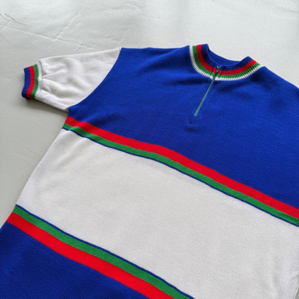 Blue Striped Flower 80's Deadstock Knit Cycling Jersey - Small