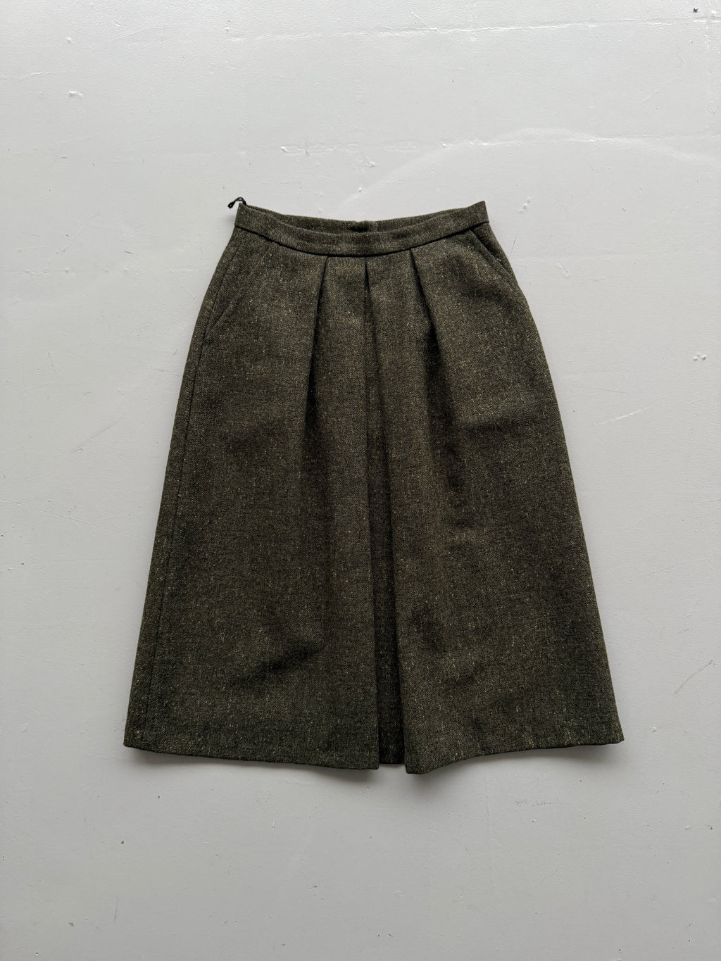 Dark Green Woollen 80's Vintage Midi High Waisted Pleated Pencil Skirt - UK 12
