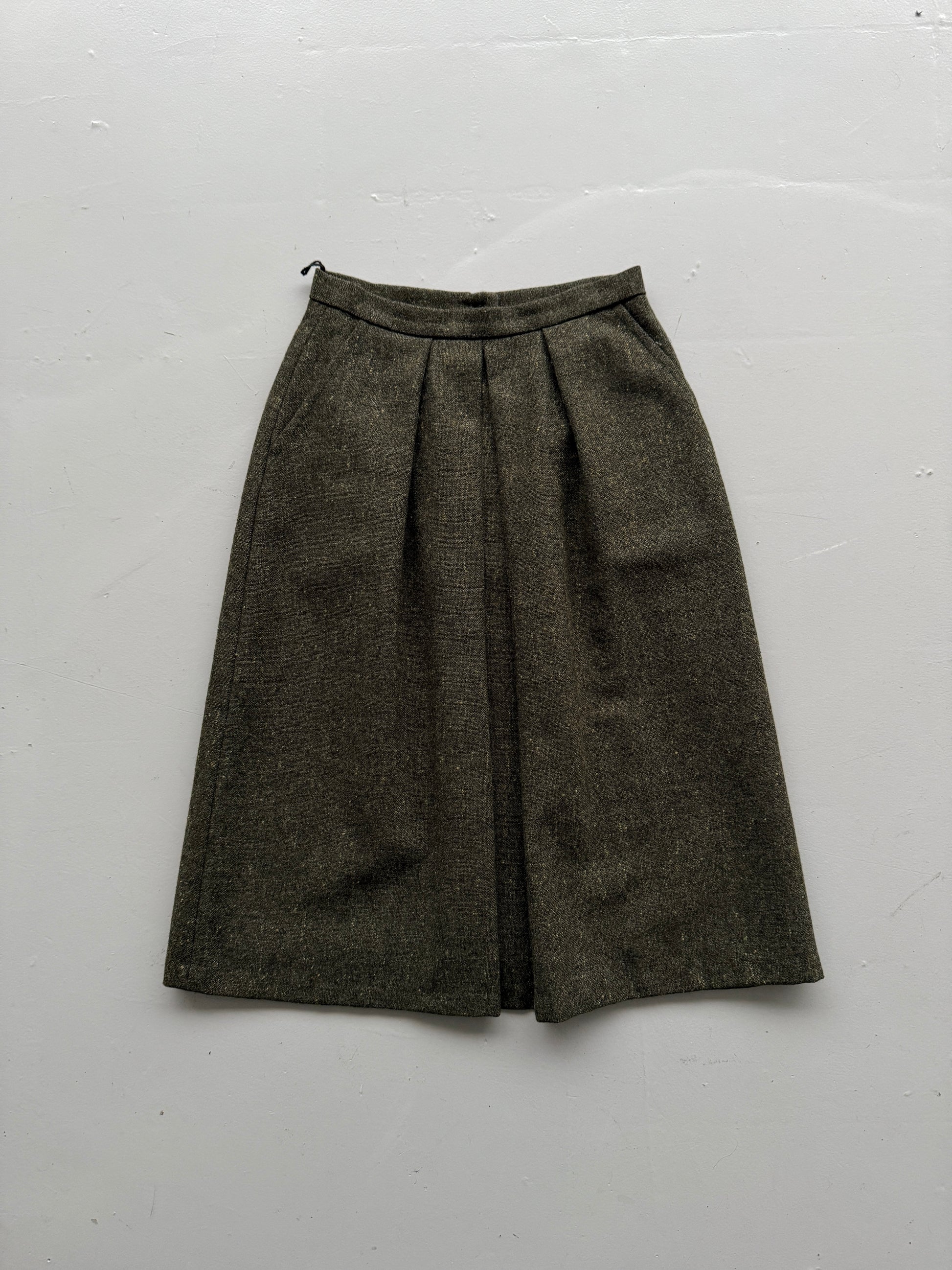 Dark Green Woollen 80's Vintage Midi High Waisted Pleated Pencil Skirt - UK 12
