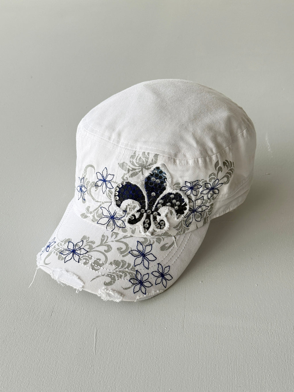 White Floral Y2K Cadet Cap Military Style 00's Grunge Aesthetic