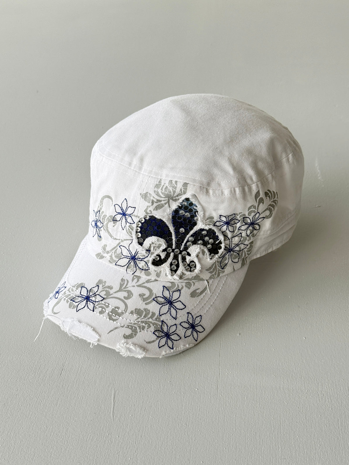 White Floral Y2K Cadet Cap Military Style 00's Grunge Aesthetic
