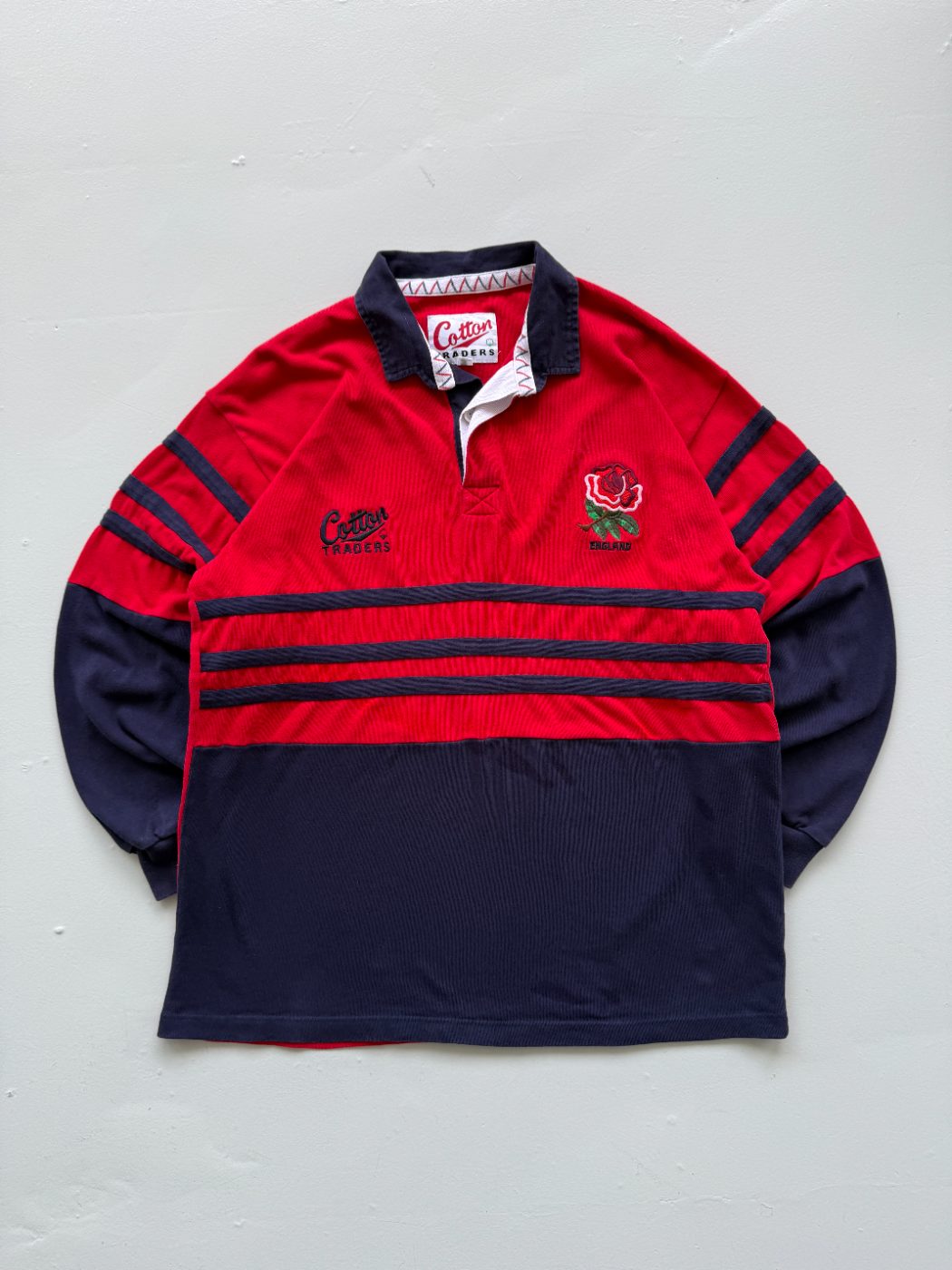 Cotton Traders England Rose Vintage Long Sleeve Rugby Polo Jersey - Large