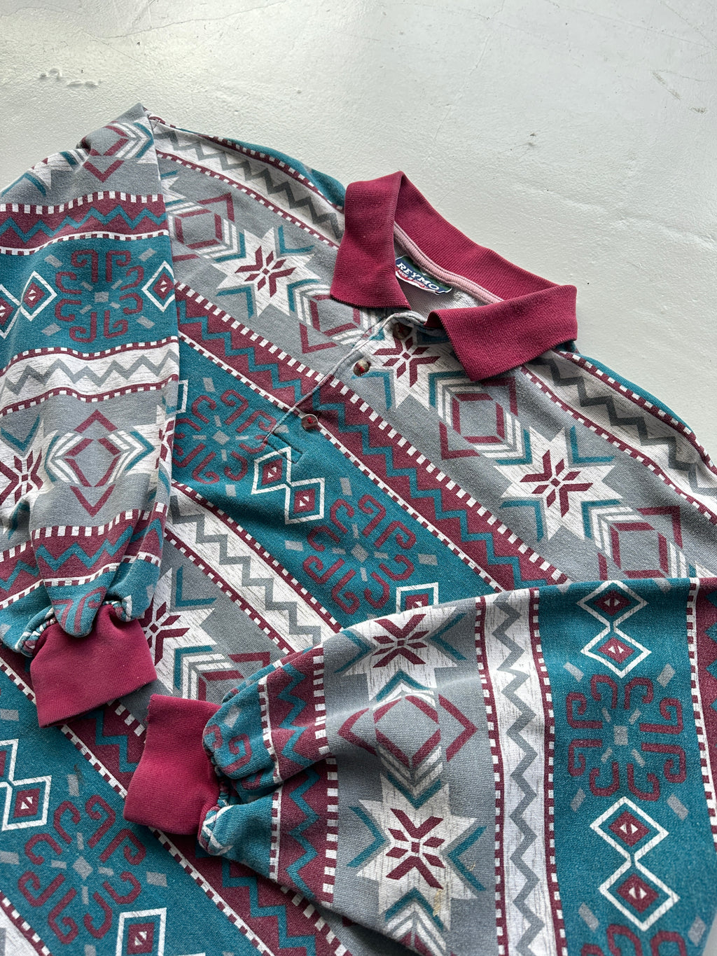 Patterned 90's Quarter Button-Up Vintage Polo Sweatshirt - Small
