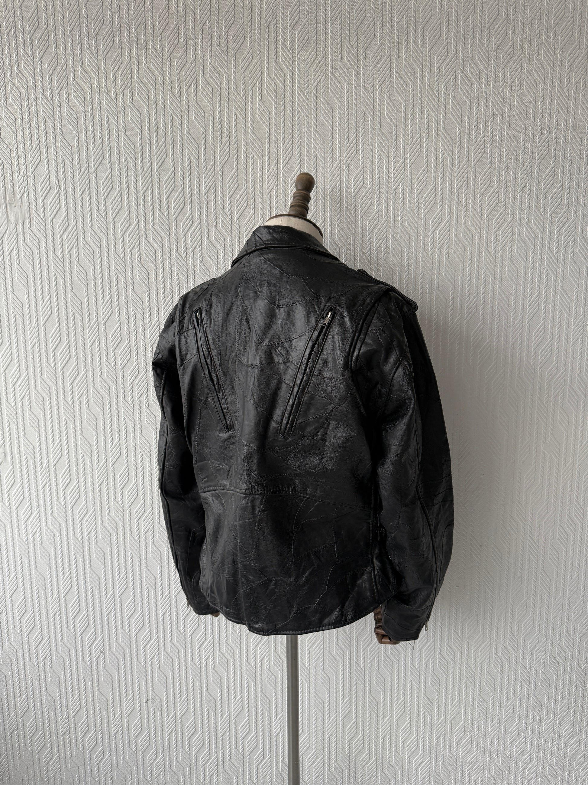 Black 80's Vintage Leather Biker Jacket- Medium