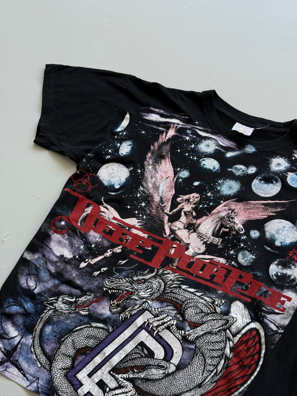 Black Deep Purple 90's Vintage All Over Print Graphic Band Tour T-Shirt - Medium