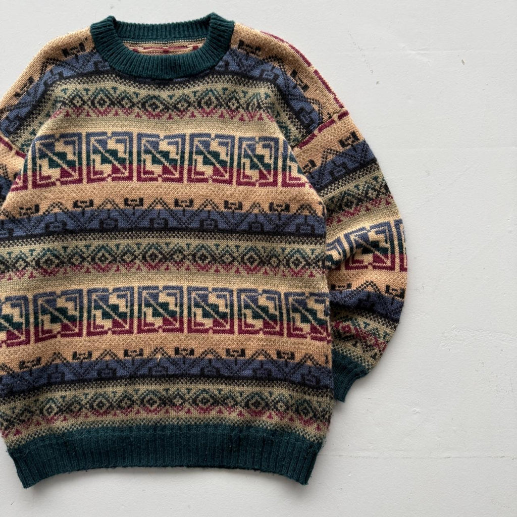 Green Aztec Woollen 90's Vintage Geometric Pattern Knit Jumper - Medium