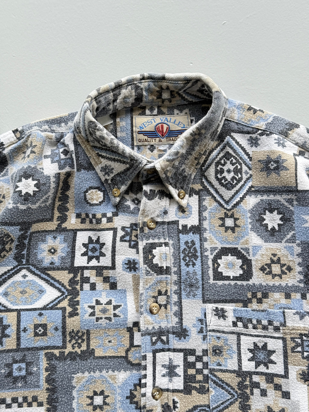 Blue Western Pattern West Valley 90's Vintage Long Sleeve Shirt - Small